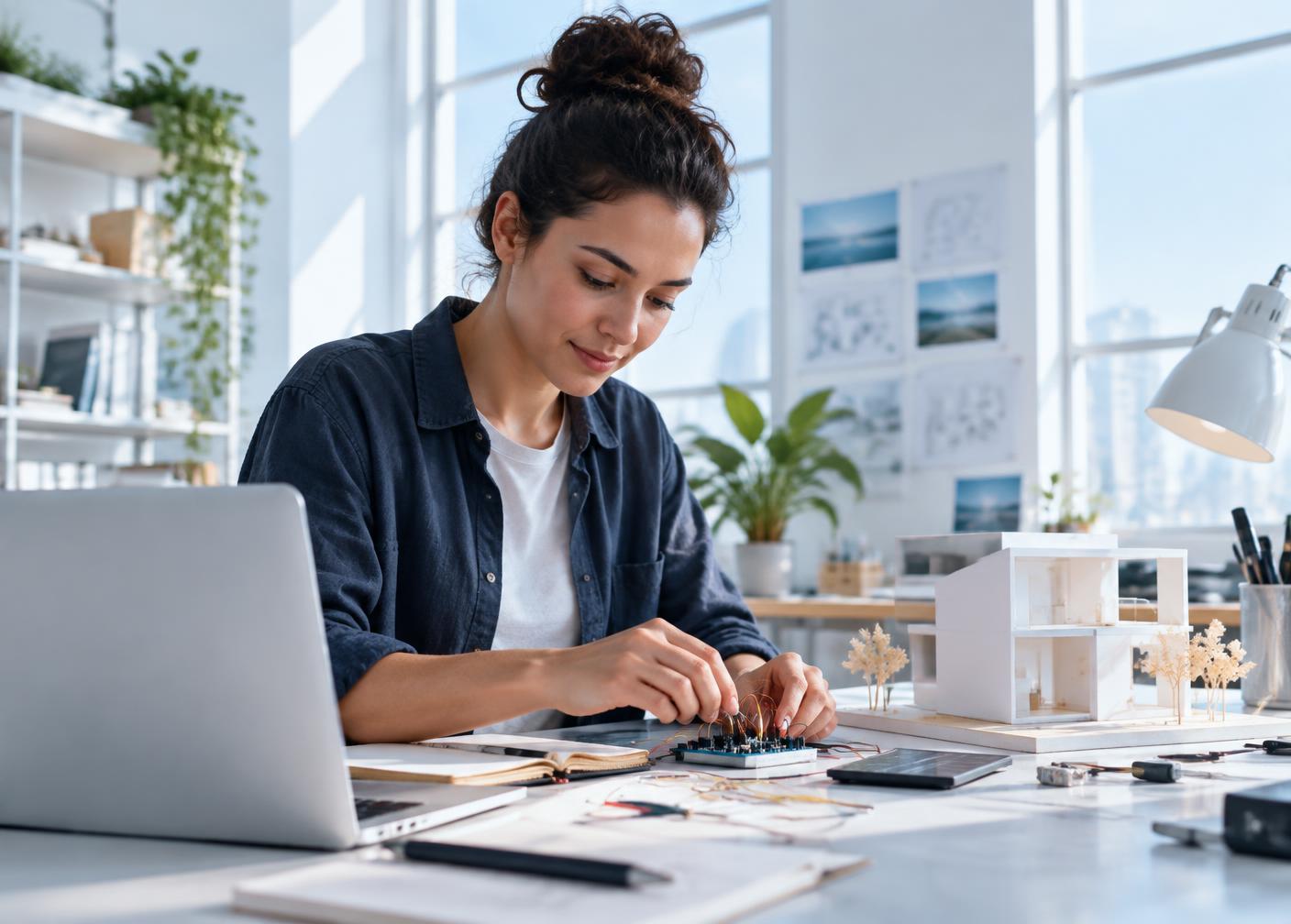 A creator building a prototype in a bright studio