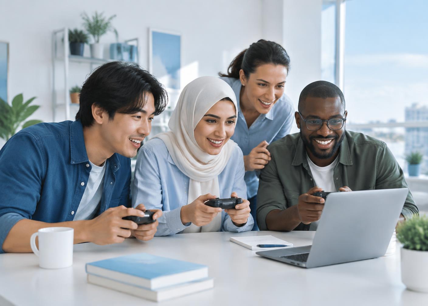 Adult learners playing a learning game together