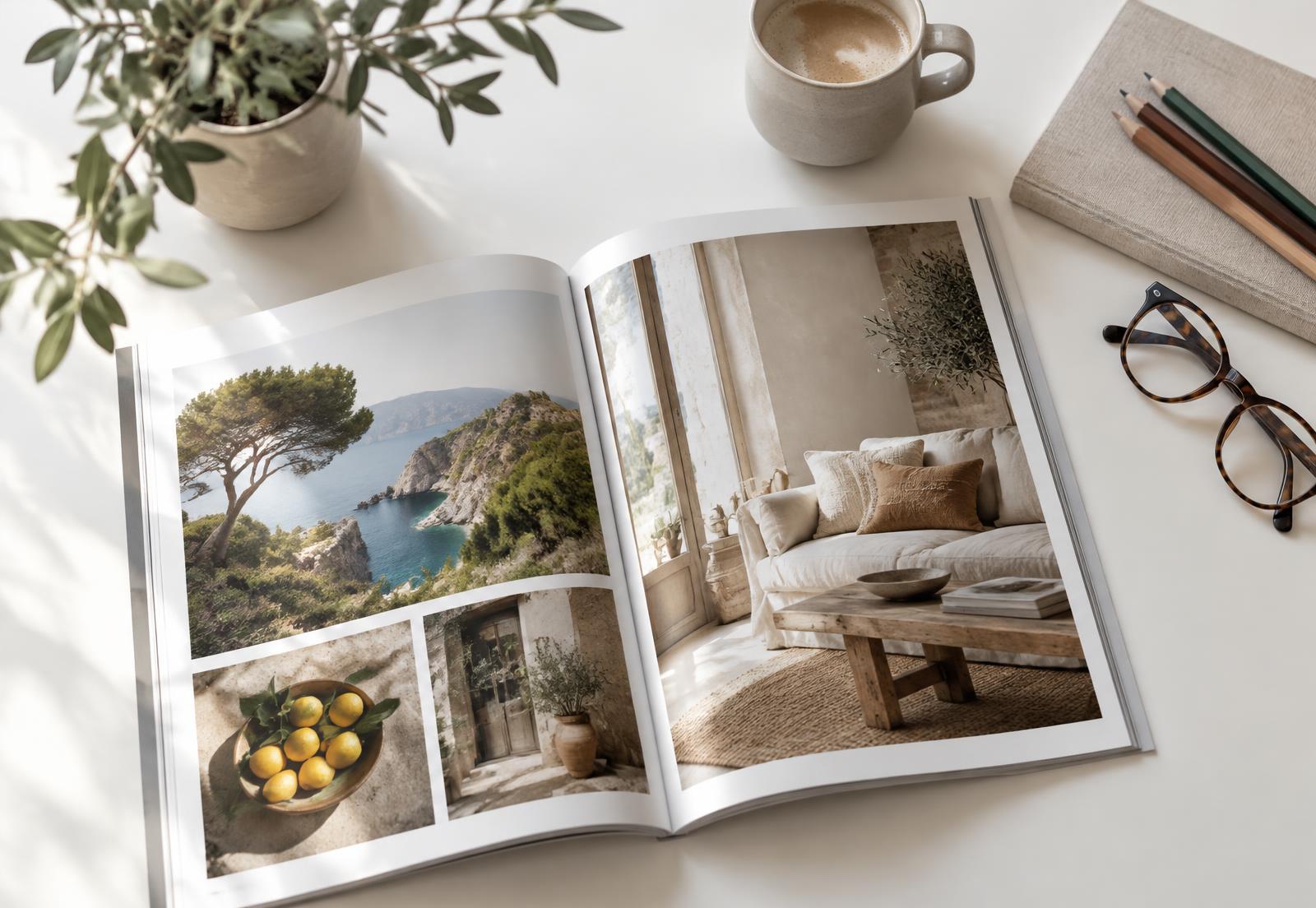 An open magazine spread on a bright table with coffee and pencils